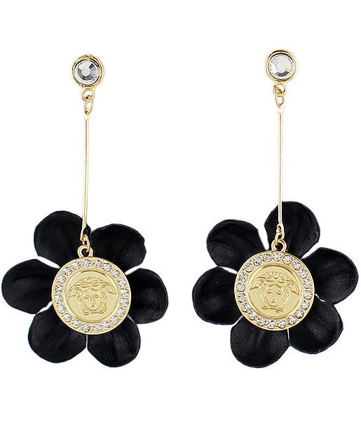 Romwe Black Flower Diamond Gold Earrings