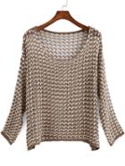 Romwe Khaki Long Sleeve Hollow Knit Sweater