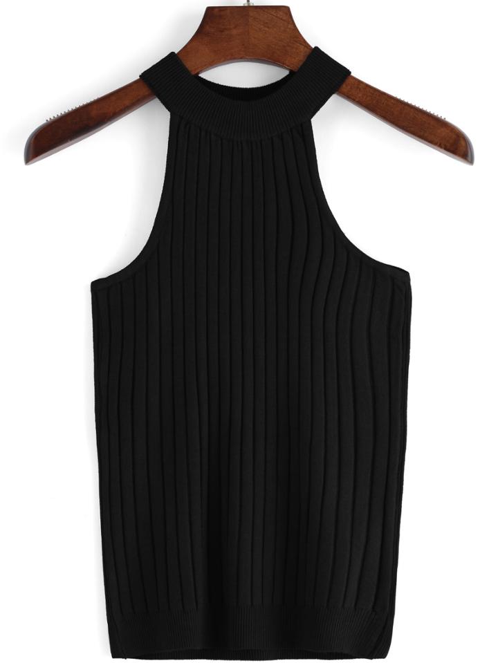 Romwe Women Halter Black Tank Top
