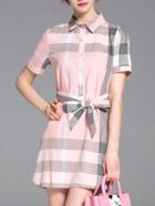Romwe Pink Lapel Plaid Tie-waist Dress