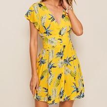 Romwe Button Up Shirred Back Tropical Print Dress