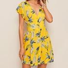 Romwe Button Up Shirred Back Tropical Print Dress