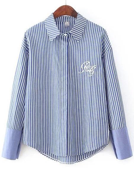 Romwe Blue Vertical Striped Dip Hem Blouse