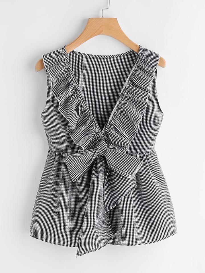 Romwe Flounce Trim Plunging Bow Neck Shell Top