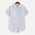 Romwe Roll Tab Sleeve Pocket Patch Striped Shirt