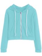Romwe Blue Zipper Up Drawstring Hooded Crop Coat With Pocket