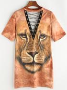 Romwe Yellow Lion Print Eyelet Lace Up Tee Dress