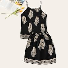 Romwe Plus Tribal Print Cami Top With Shorts