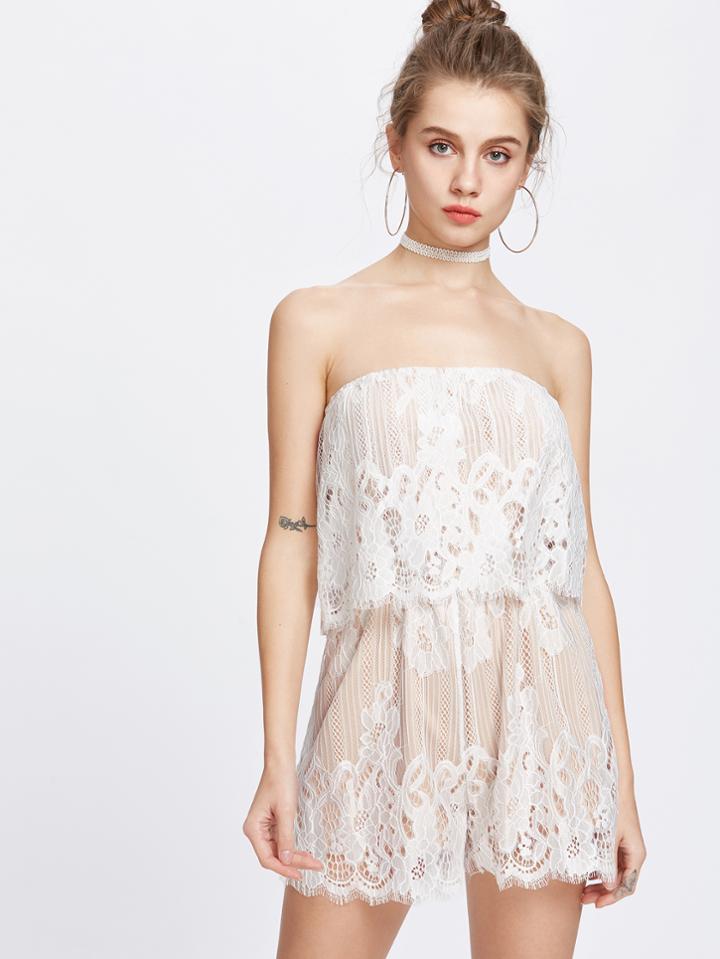 Romwe White Lace Crochet Tube Romper