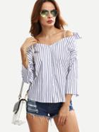 Romwe Cold Shoulder Buttoned Front Vertical Striped Blouse - Blue