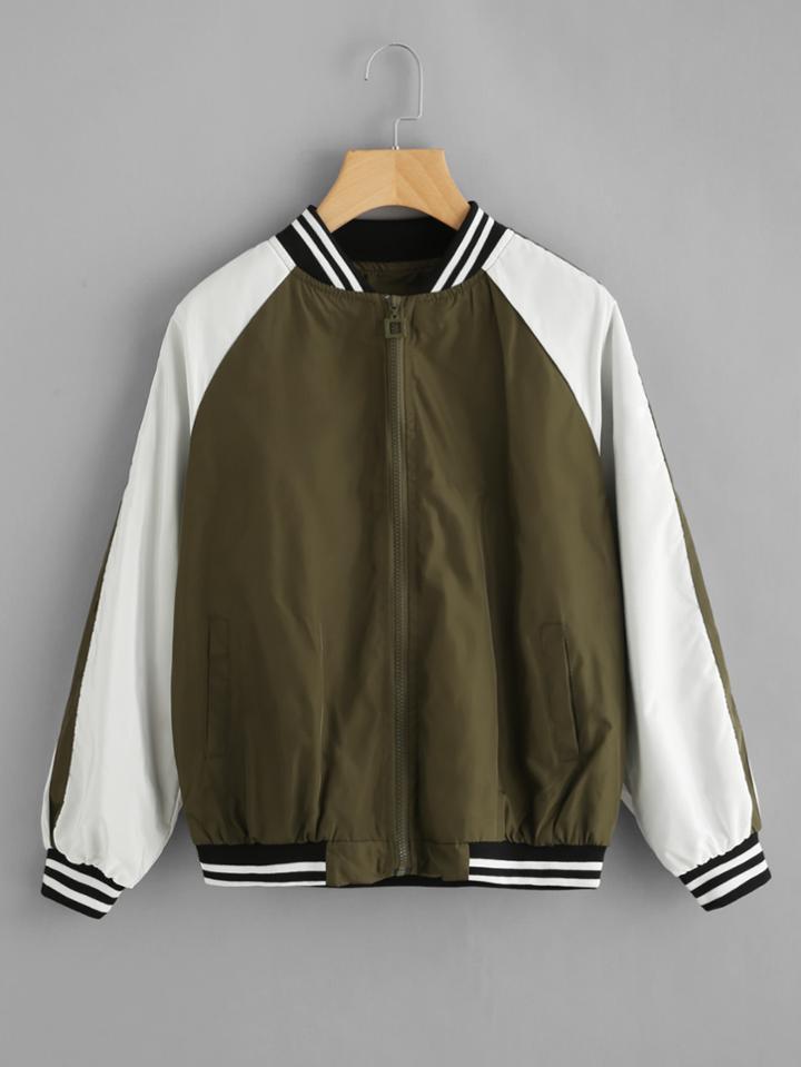 Romwe Embroidered Back Striped Trim Raglan Sleeve Jacket