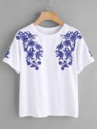 Romwe Symmetric Flower Embroidery T-shirt