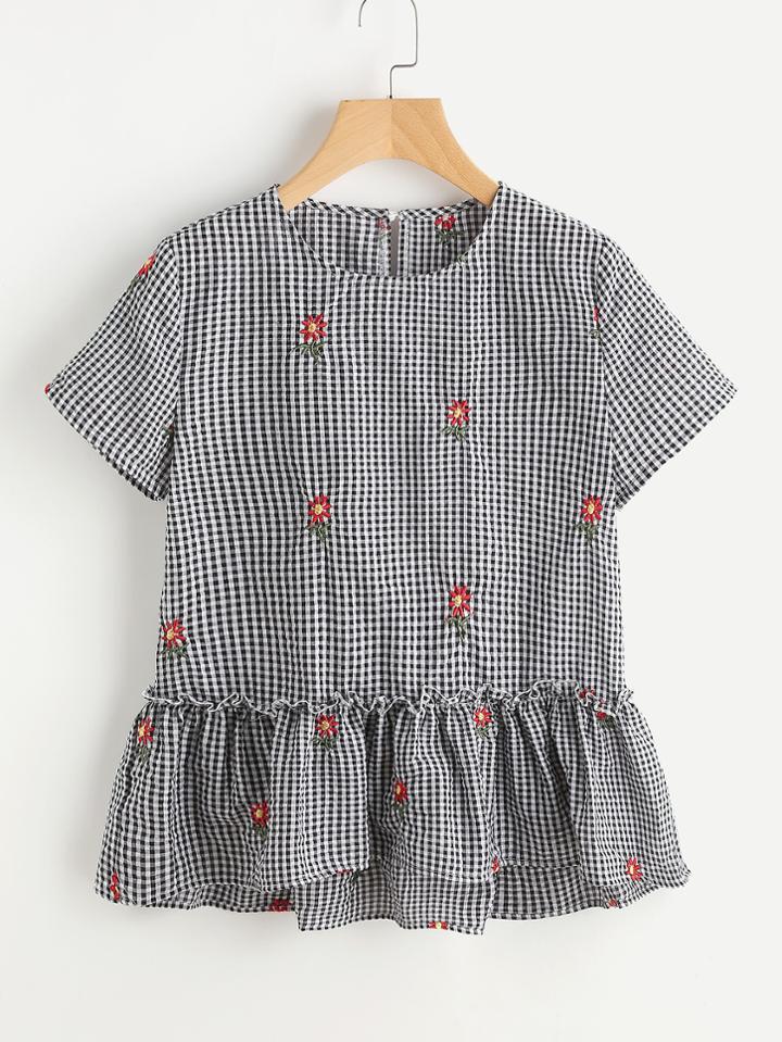 Romwe Sunflower Embroidered Frill Trim Checkered Top