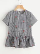 Romwe Sunflower Embroidered Frill Trim Checkered Top