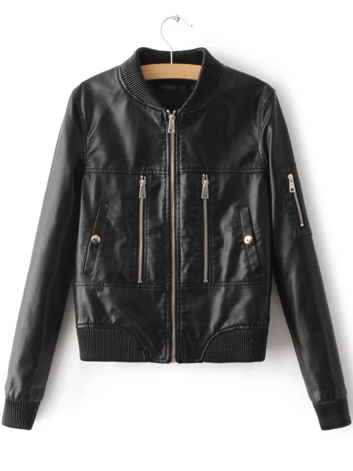 Romwe Black Zipper Detail Ribbed Trim Pu Jacket