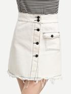 Romwe White Buttoned Front Raw Hem Denim Skirt
