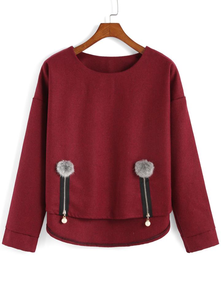 Romwe Dip Hem Zipper Ball Embellished Maroon Sweatshirt