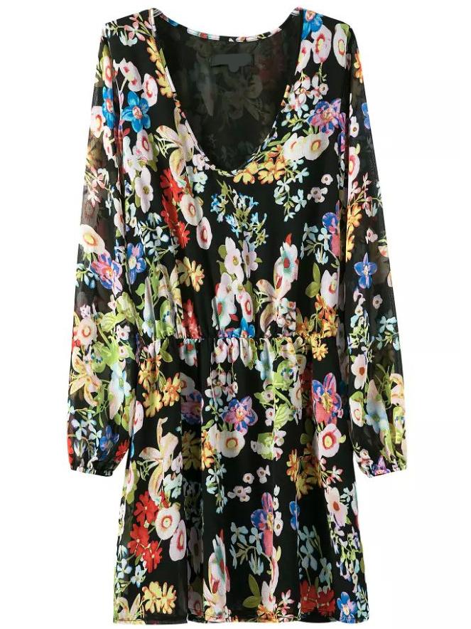 Romwe Deep V Neck Lantern Sleeve Florals Chiffon Romper