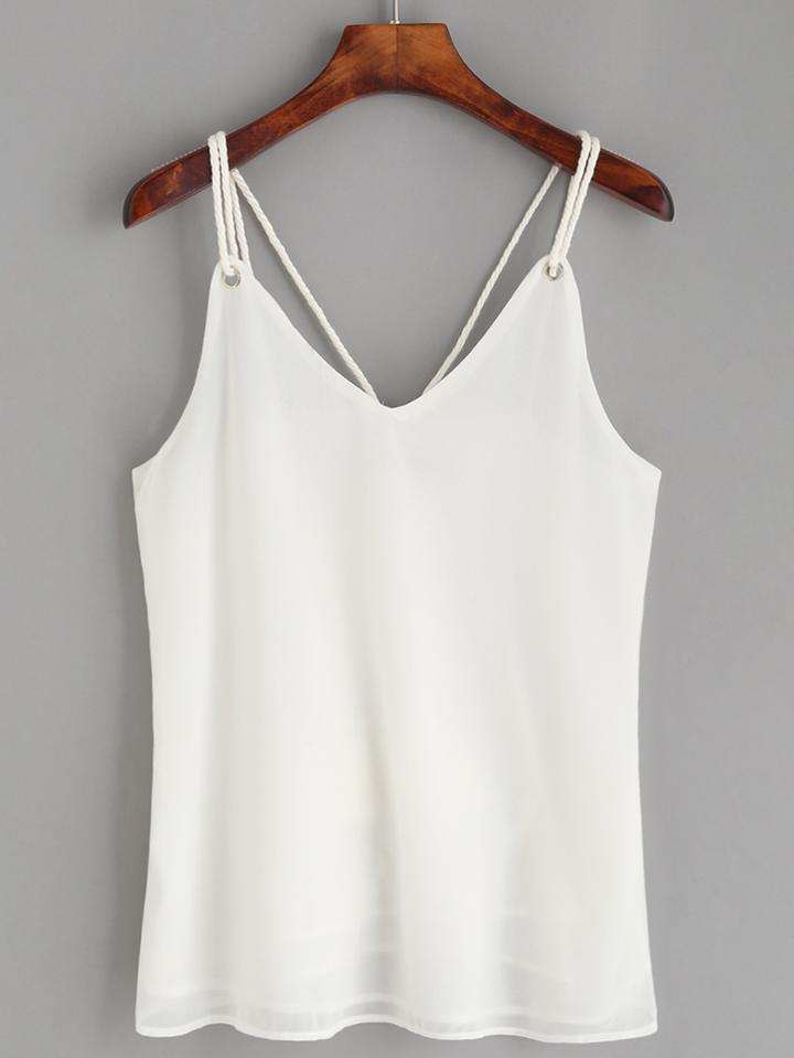 Romwe White Tasseled Strappy Chiffon Cami Top