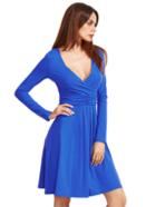 Romwe Royal Blue V Neck Long Sleeve Ruched Dress