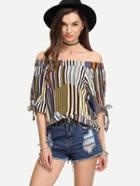 Romwe Multicolor Striped Off-the-shoulder Tie Sleeve Blouse