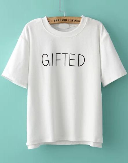 Romwe Round Neck Dip Hem Letter Print White T-shirt