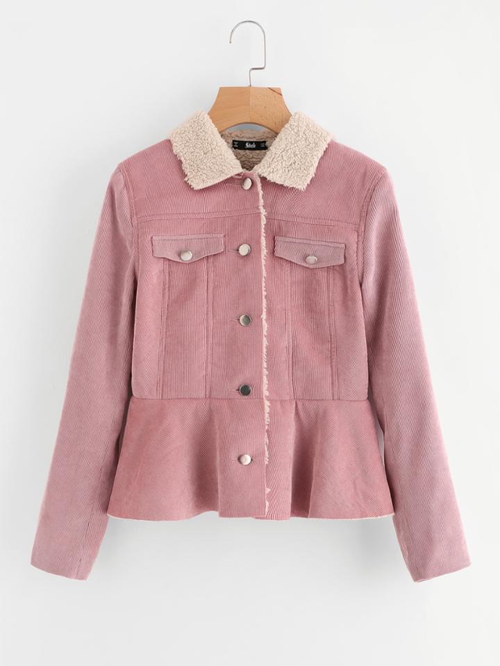 Romwe Fleece Lined Ruffle Hem Cord Jacket