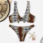 Romwe Tiger Print Tie Front Top With Cheeky Bikini