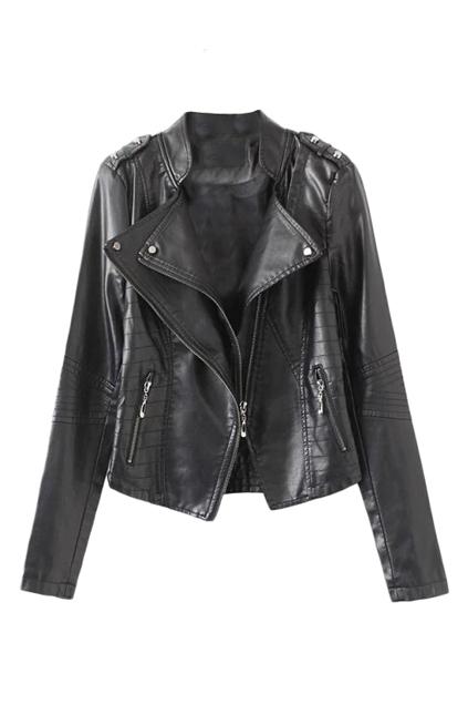 Romwe Layered Lapel Zippered Pu Jacket