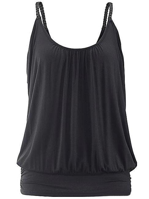 Romwe Black Banded Hem Braided Strap Cami Top