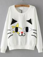 Romwe Cat Print Embroidered Patch White Sweatshirt