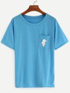 Romwe Blue Dolphin Print Pocket T-shirt