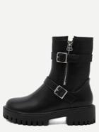 Romwe Black Pu Two Buckle Mid Calf Boots