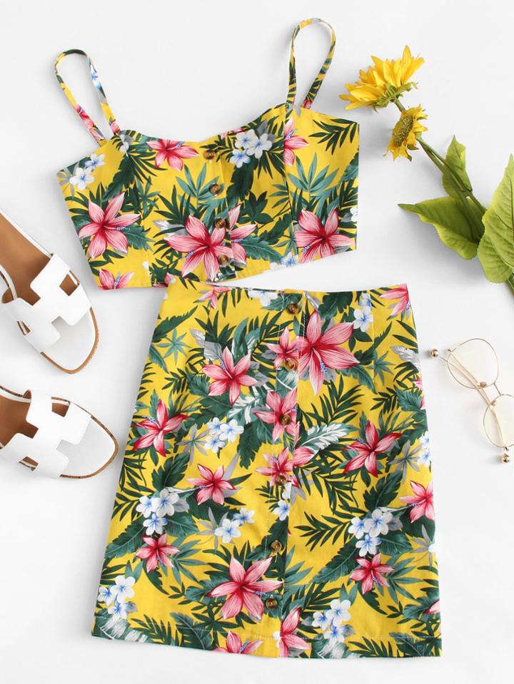 Romwe Floral Crop Top With Single Breasted Skirt