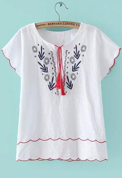 Romwe Short Sleeve Embroidered White Top