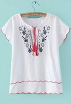 Romwe Short Sleeve Embroidered White Top