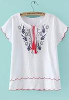 Romwe Short Sleeve Embroidered White Top