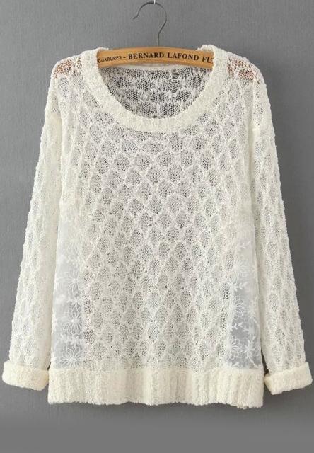 Romwe Crochet Mesh Insert Hollow White Sweater