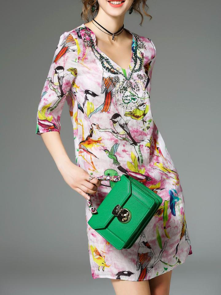 Romwe Multicolor V Neck Birds Print Pockets Dress