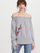 Romwe Black Striped Frilled Off The Shoulder Tie Sleeve Embroidered Top