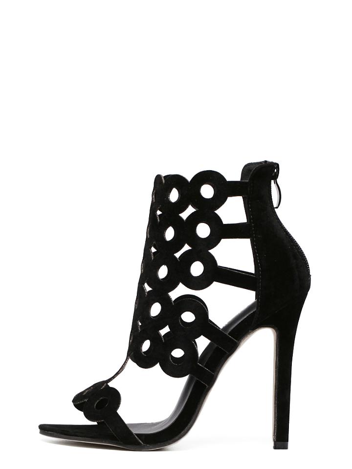 Romwe Black Faux Suede Laser-cut Heeled Sandals