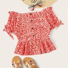 Romwe Ditsy Floral Button Front Off The Shoulder Blouse