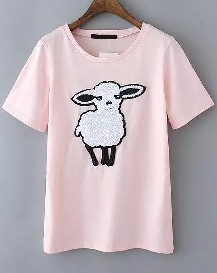 Romwe With Pearl Sheep Embroidered Pink T-shirt