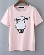Romwe With Pearl Sheep Embroidered Pink T-shirt