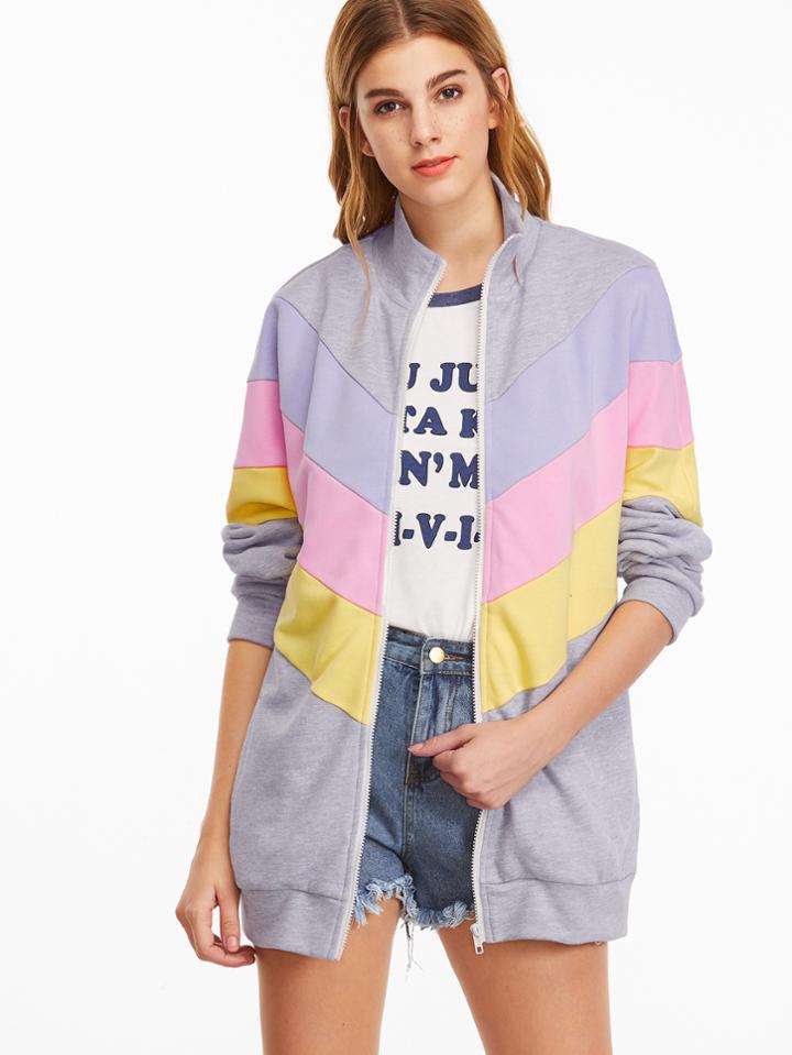 Romwe Color Block Zip Up Cut And Sew Chevron Sweatshirt