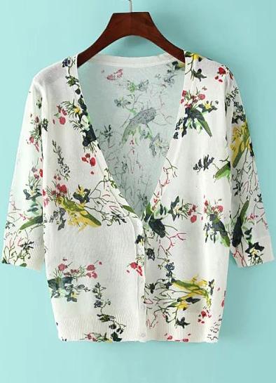 Romwe Half Sleeve Lotus Print Cardigan