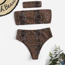 Romwe Snakeskin Bandeau With High Waist Bikini With Choker