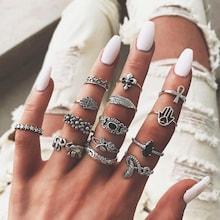 Romwe Flower & Feather Detail Ring Set 14pcs