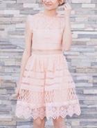 Romwe Hollow Out Fit & Flare Lace Dress - Pink
