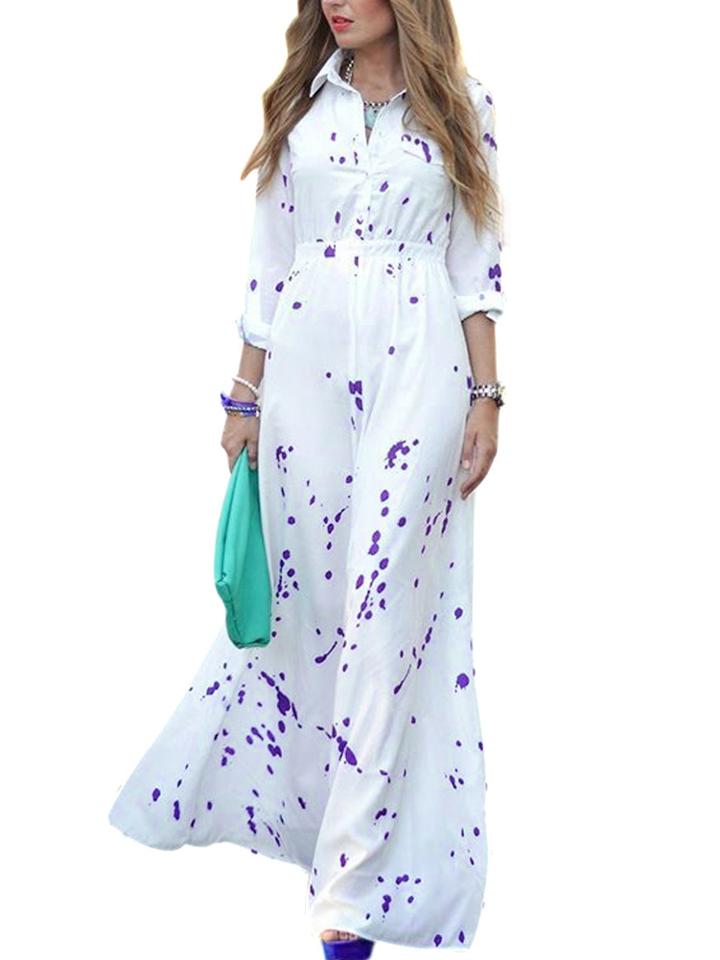 Romwe Lapel Spotted Chiffon Maxi Shirt Dress